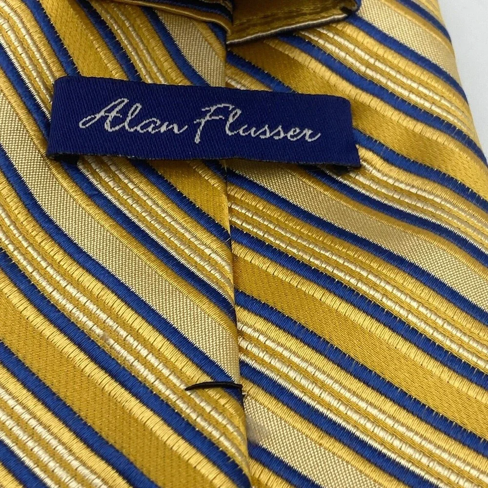 Alan Flusser‎ Yellow Gold Navy Striped Tie 100% Silk Long 61 in x 4 in